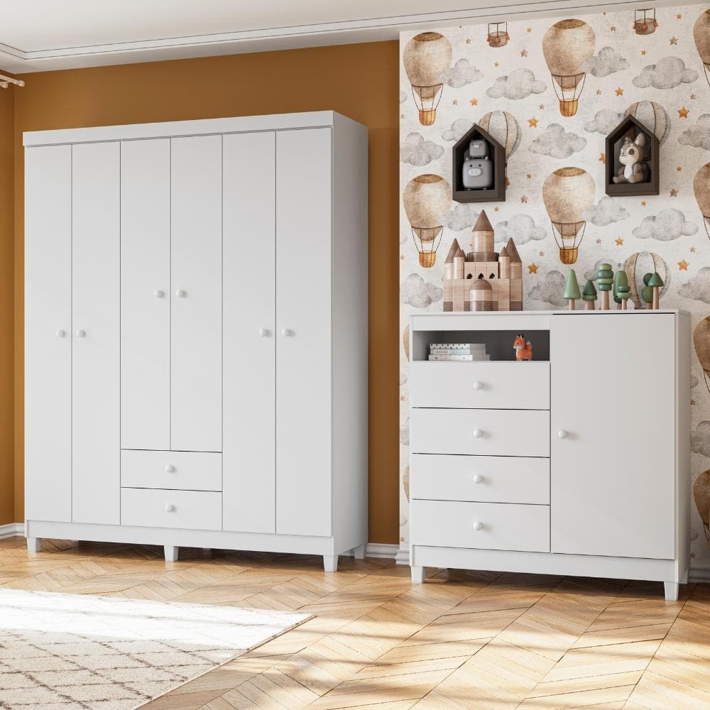 Guarda Roupa Infantil 6 Portas 2 Portas  Com Cômoda Sapateira 1 Porta 4 Gavetas Aquarela Branco Azul e Rosa