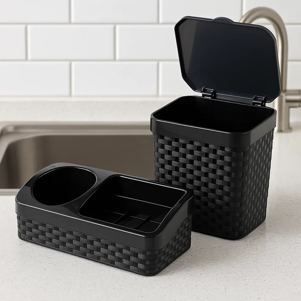 Kit Cozinha Lixeira Cesto Rattan 5 Litros para Pia ou Mesa + Porta Detergente Bucha Base Rattan Preto