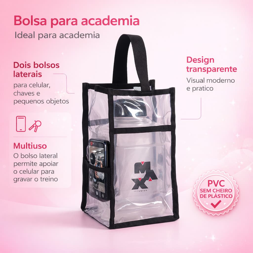 Bolsa para Academia Compacta em PVC  com Alça e 2 Bolsos Laterais para Garrafa, Toalha e Acessórios