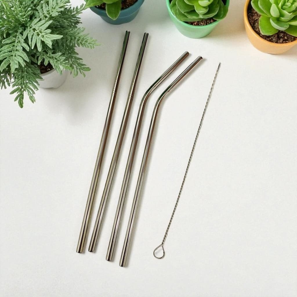 Kit Com 4 Canudos Inox Com Escova De Limpeza Ecológico Reutilizáveis Sustentáveis