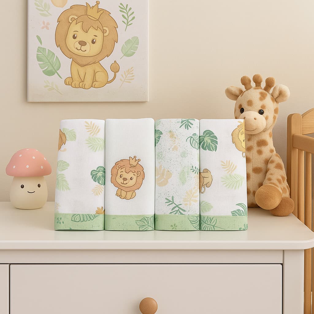 Pano de Boca Dengo Bordado Estampa Leão 04 Peças