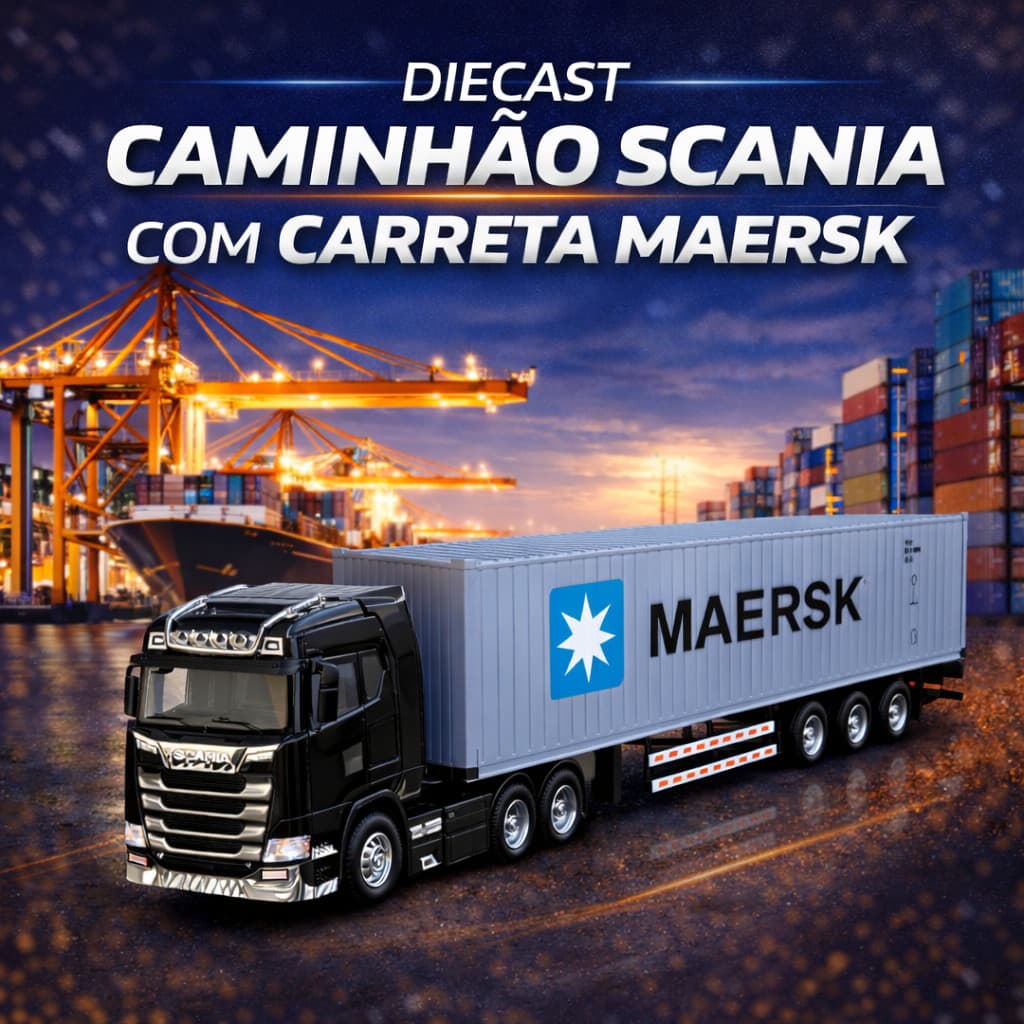 Miniatura Caminhão Scania Com Container Maersk Farol E Som Caminhão de Coleção