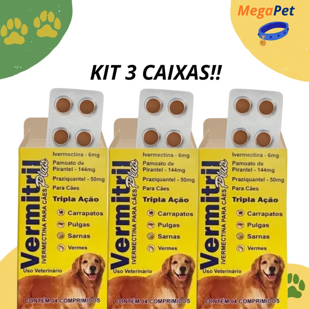 Vermitril Caes Anti Pulgas Carrapatos Vermes Sarnas  6mg 12 Comprimidos Trata 30kg