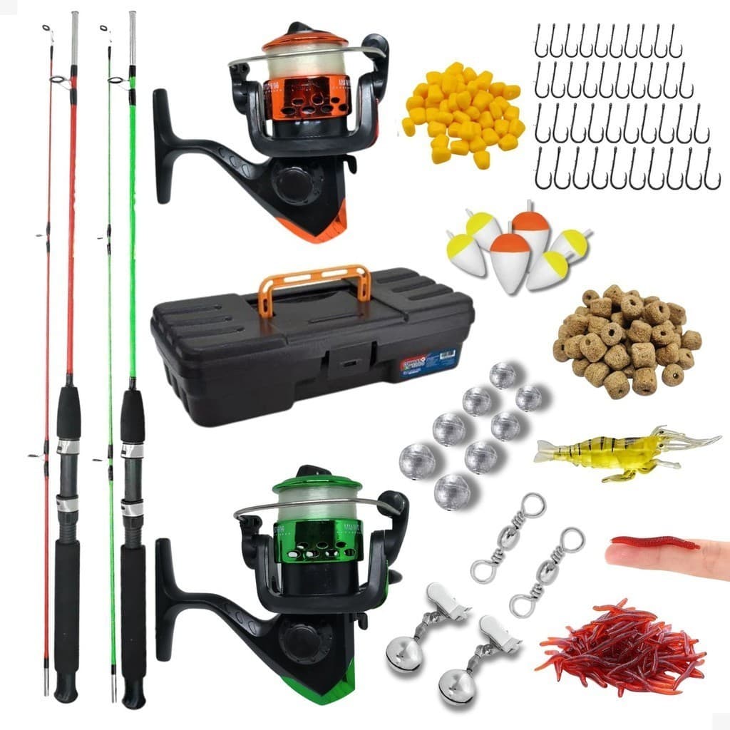 Kit de Pesca Barato 2 Vara 1,35 Fibra Vidro Maciça 15 Lbs + 2 Molinete com Linha Maleta e Acessórios