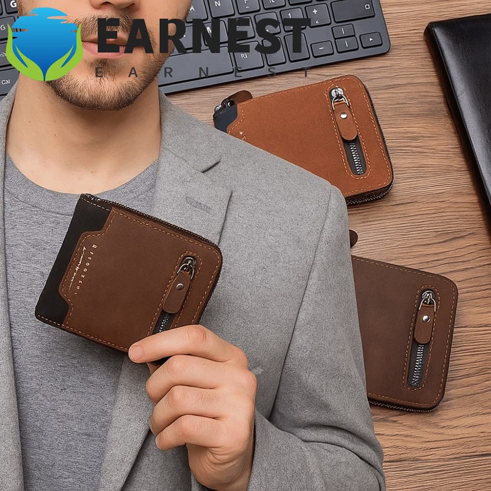Bolsa De Moedas De Couro PU EARNEST , Carteira Curta Masculina Fina Multiposição , Porta-Cartões Multifuncional Com Zípe