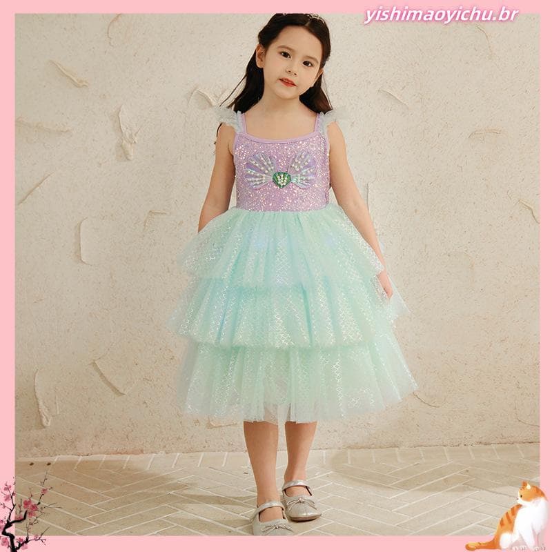 Vestido de menina sereia vestido de princesa vestido de bolo sereia (100-140cm)