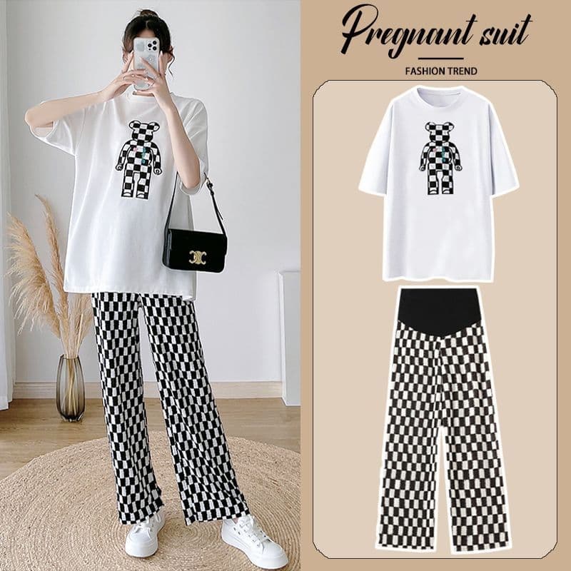 Roupa de maternidade terno de verão feminino 2025 novo estilo versão coreana solto mais magro olhar de manga curta camis