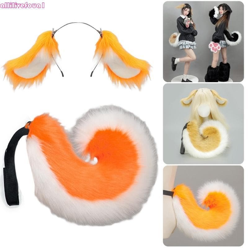 allilivefoua1 Tiara Orelhas, Peles Falsas, Cauda, Faixa Cabeça Fantasia
