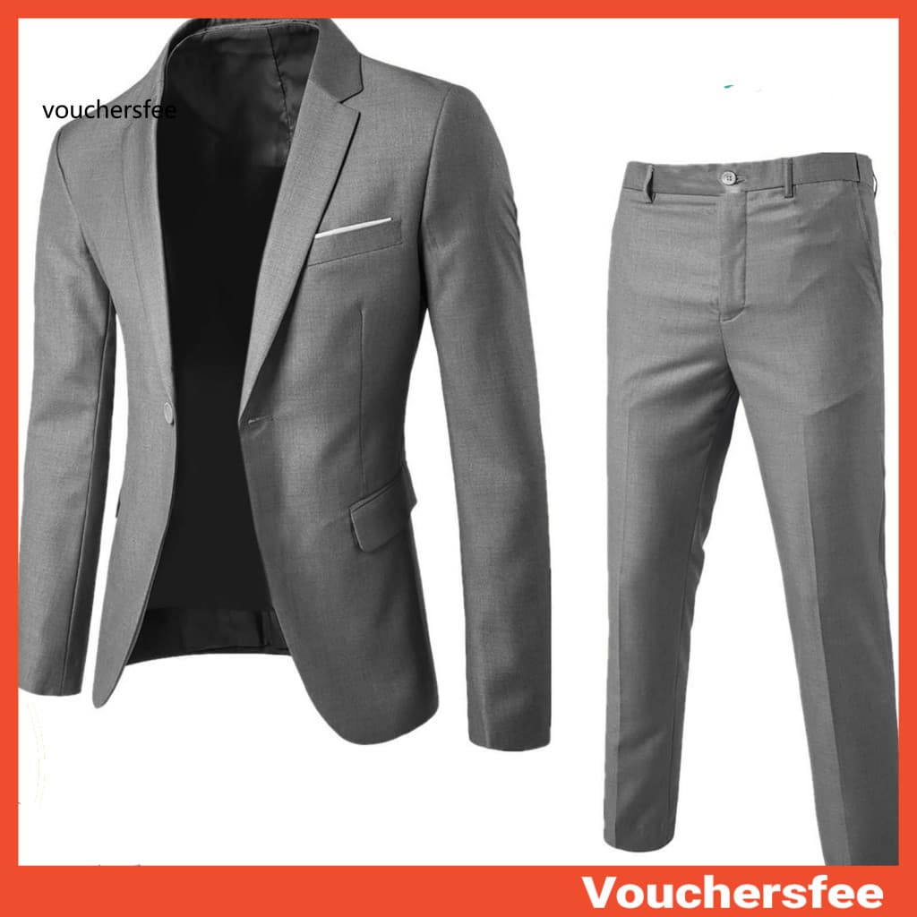 [VOU] 1 Conjunto Masculino Blazer Calças Cor Sólida Manga Longa Fino Ajuste Turndown Colarinho Temperamento Um Botão Bol