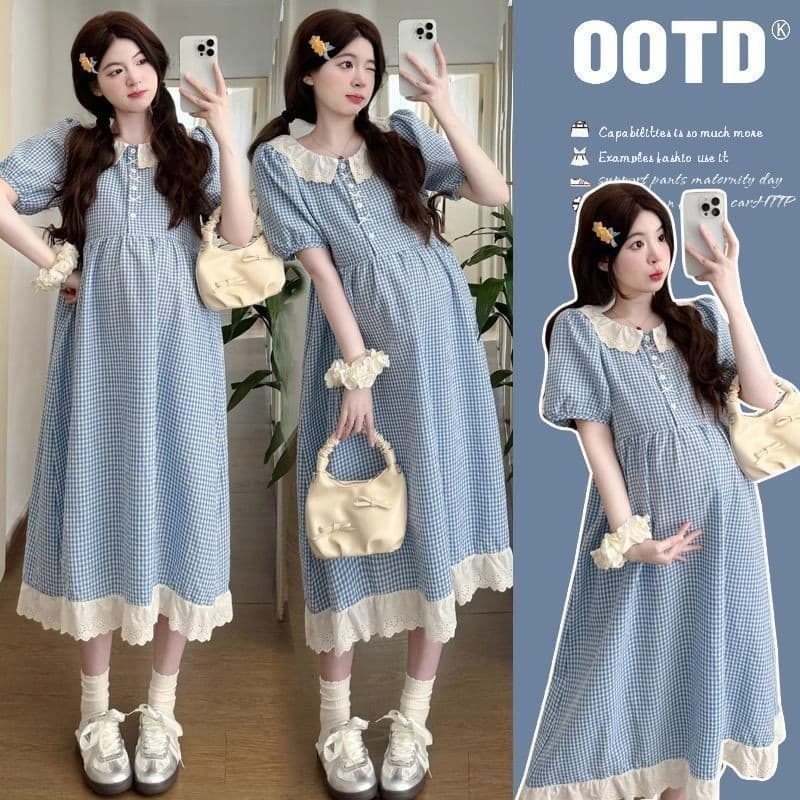 Boneca fofa japonesa xadrez renda vestido de renda pequeno vestido de maternidade solto