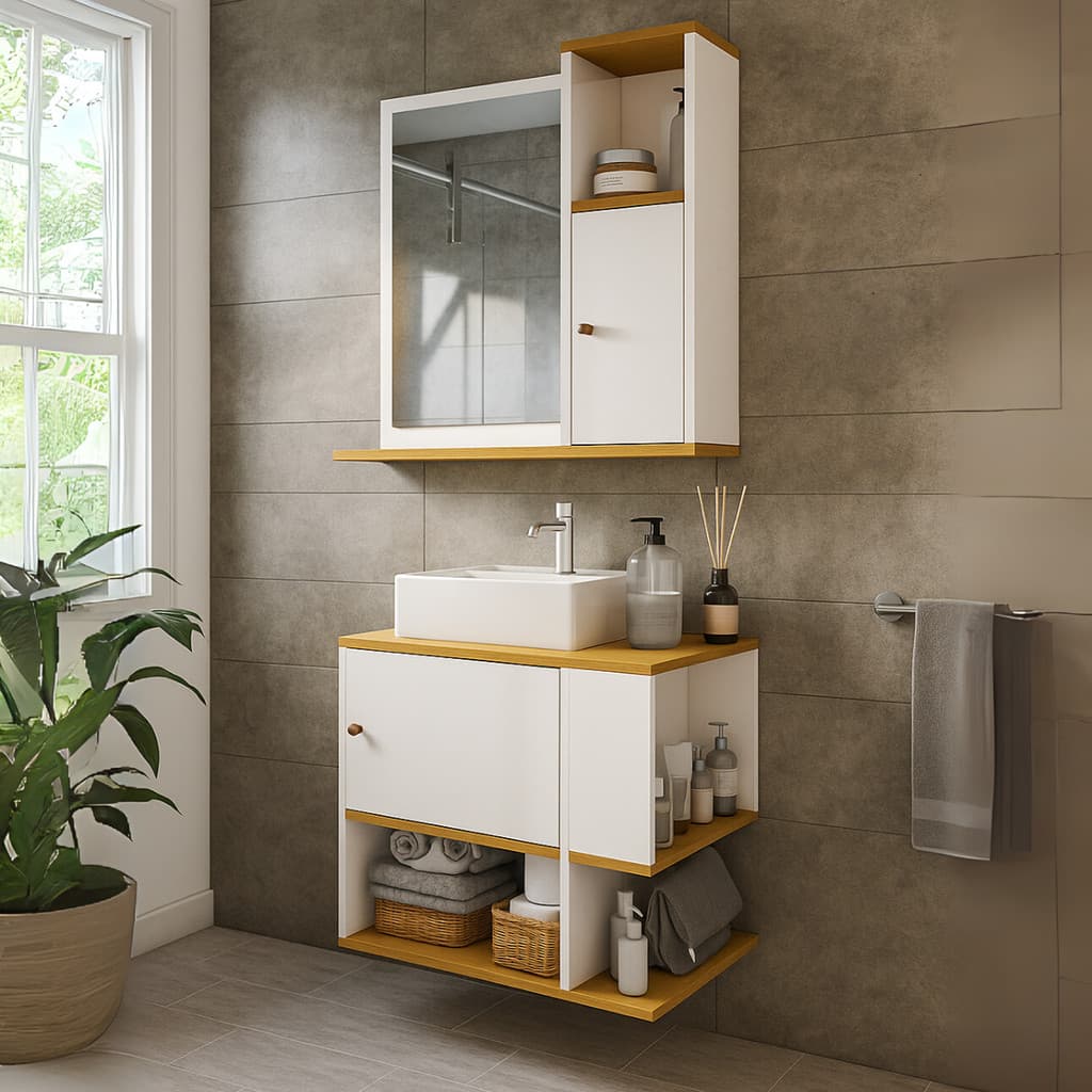 Conjunto Kit Gabinete Armário Balcão Aéreo Suspenso Lavabo Pia Banheiro Com Espelheira Deca Aqua