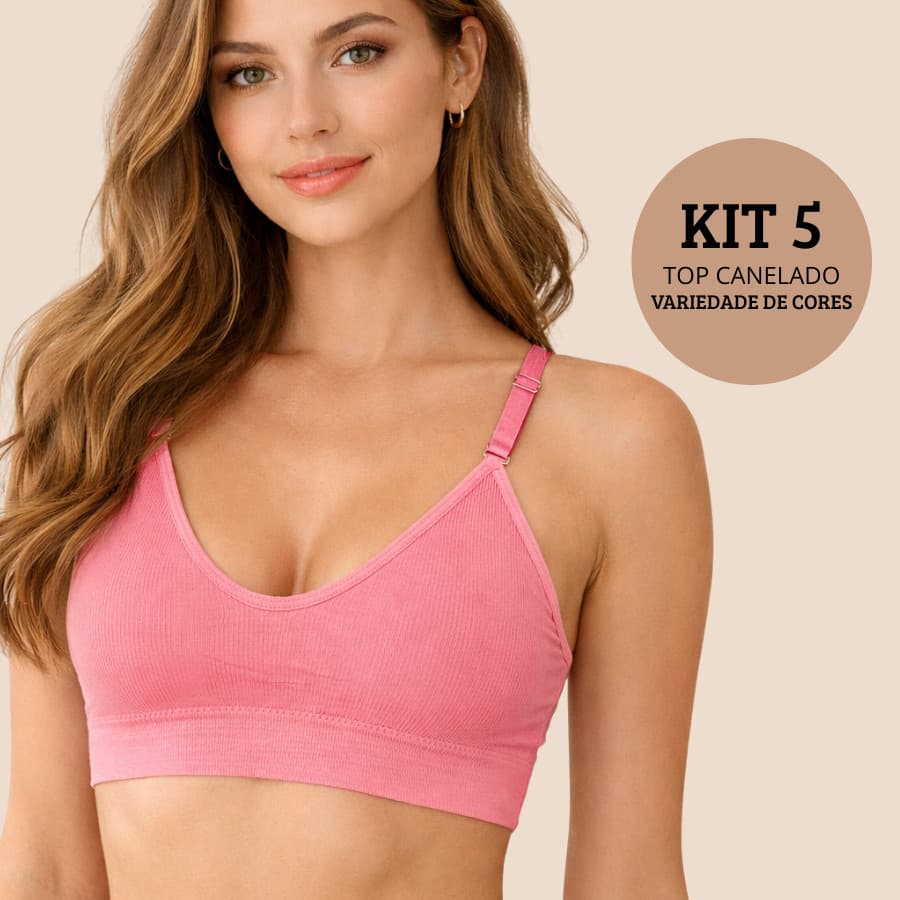 Kit 5 Top Canelado Feminino Sutiã Bojo Removível Confortável Alça Com Regulagem Importado Poliamida