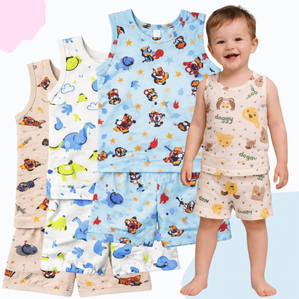 Kit 3 Pijamas Infantis Regatas e Shorts Estampados Menino e Menina 100% Algodão Verão Veste do 1 a 3 Anos