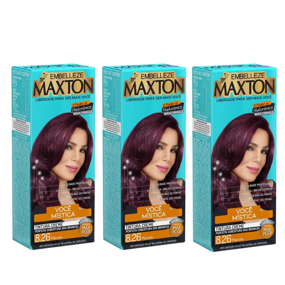 KIT C/ 2 ou 3 TINTURA CREME MAXTON MÍSTICA 8.26 MARSALA - Tinta p/ cobertura dos brancos - Embelleze