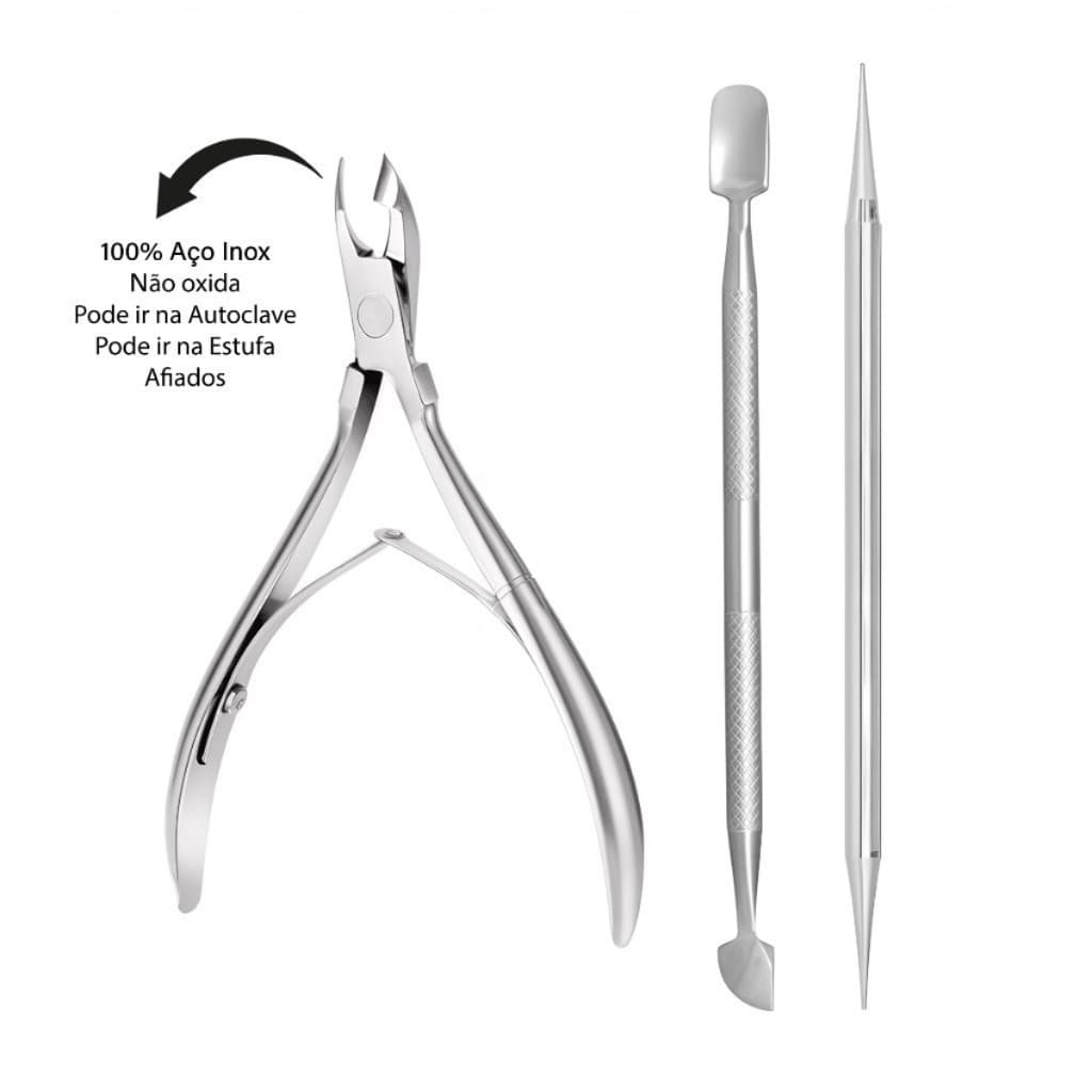 Kit Essencial Manicure Alicate Cutícula Inox + Palito Inoxidável + Espátula Profissional
