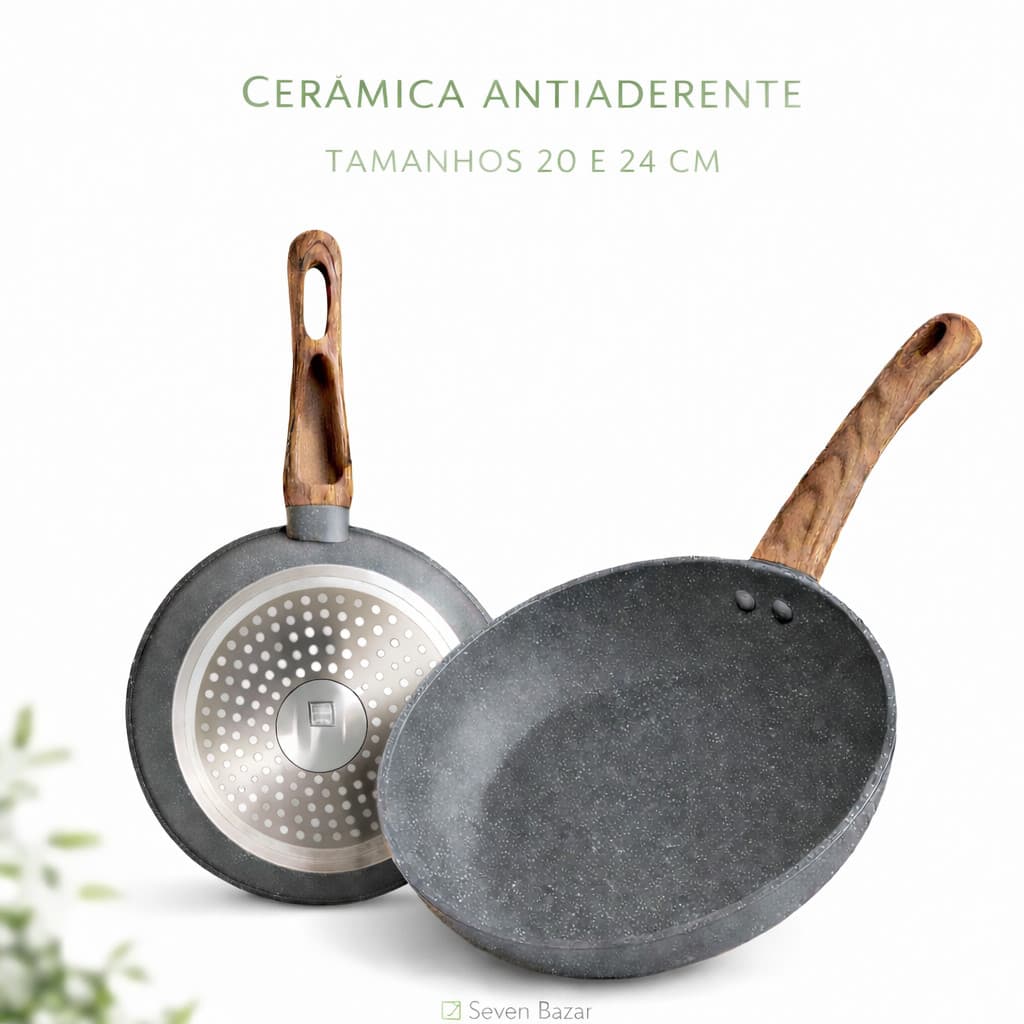 Frigideira Indução Antiaderente Nano Cerâmico 20cm/24cm - Frita Sem Óleo - Fundo Triplo