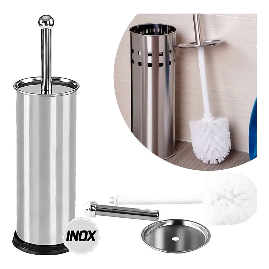Escova Sanitária Inox Com Suporte Aço Inox 2 Peças - Kit Completo Banheiro Higiene Premium Prata Prata Inox