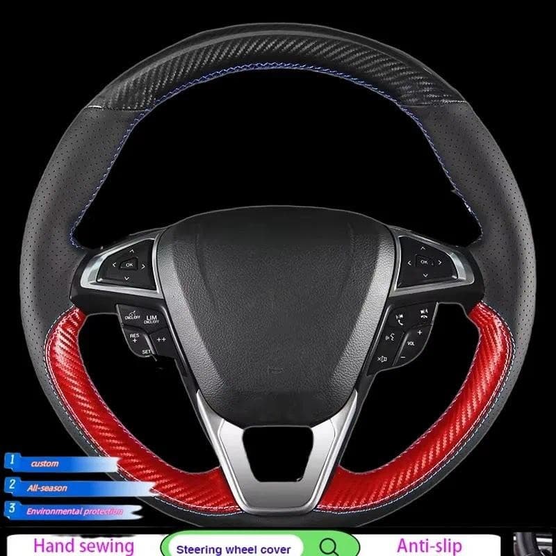 Capa De Volante De Carro De Fibra De Carbono Preta Costurada À Mão Couro Genuíno Para Ford Fusion Mondeo 2013 2014 EDGE 