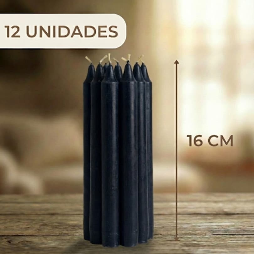 Velas Palito Pretas 12 unidades de 16x1,5cm 28g | Atacado e Revenda | Decoração, Religião