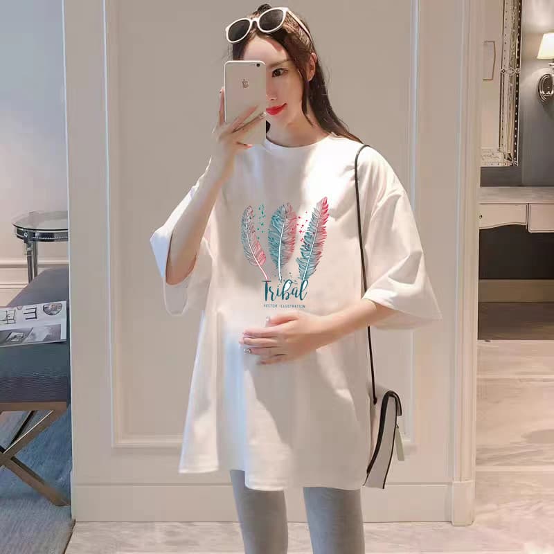 Vestido de verão para maternidade, comprimento médio, novo estilo, versão coreana, camiseta branca de manga curta, femin