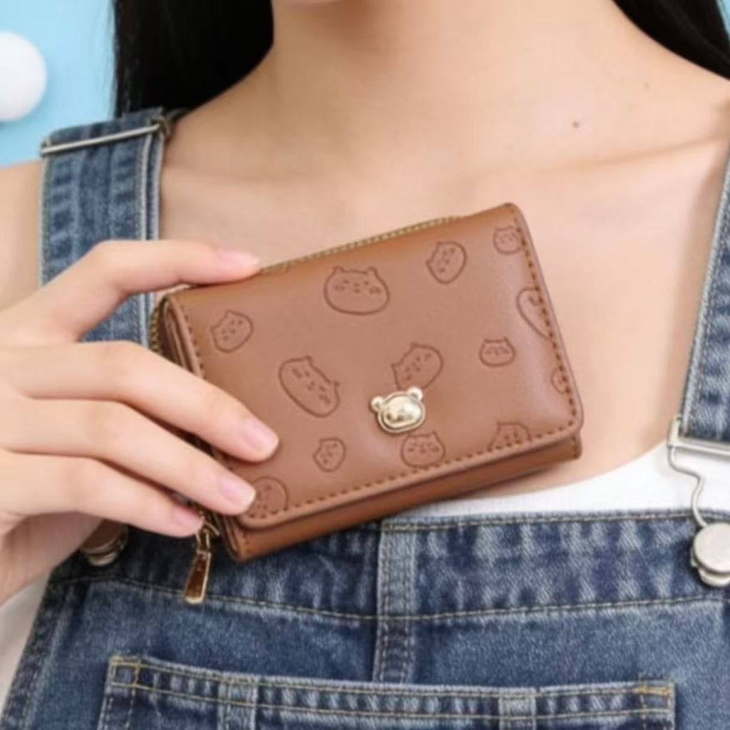 Carteira Curta Feminina Com Estampa De Gatinho Fofo De Couro Multi-Cartão Desenho Com Três Dobras D405 LING