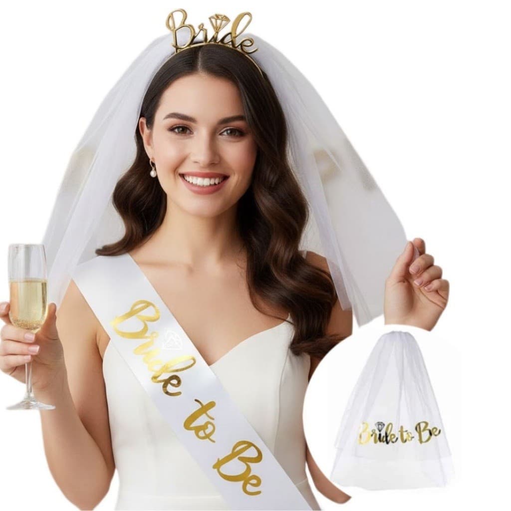 Kit Tiara Faixa e Véu Bride to be Noiva Dourada ou Rose Gold Despedida de Solteira Festa