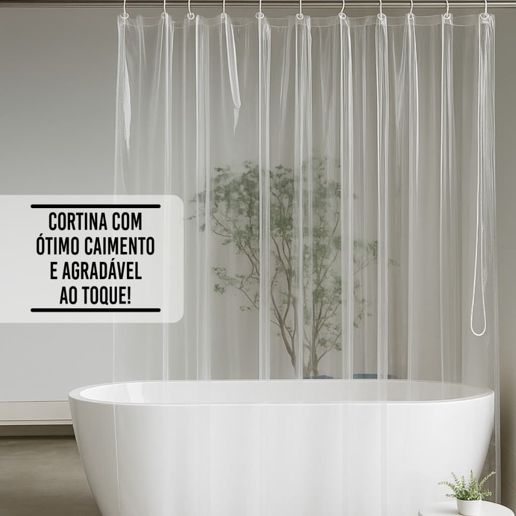 Cortina Para Box Banheiro Transparente Cristal 2m x 1,38m c/ Ganchos Antimofo Resistente