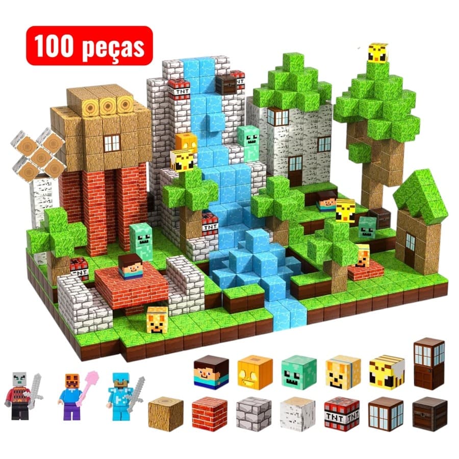Kit 100 Cubos Magnéticos 2cm + 3 Bonecos Blocos de Montar Infantil