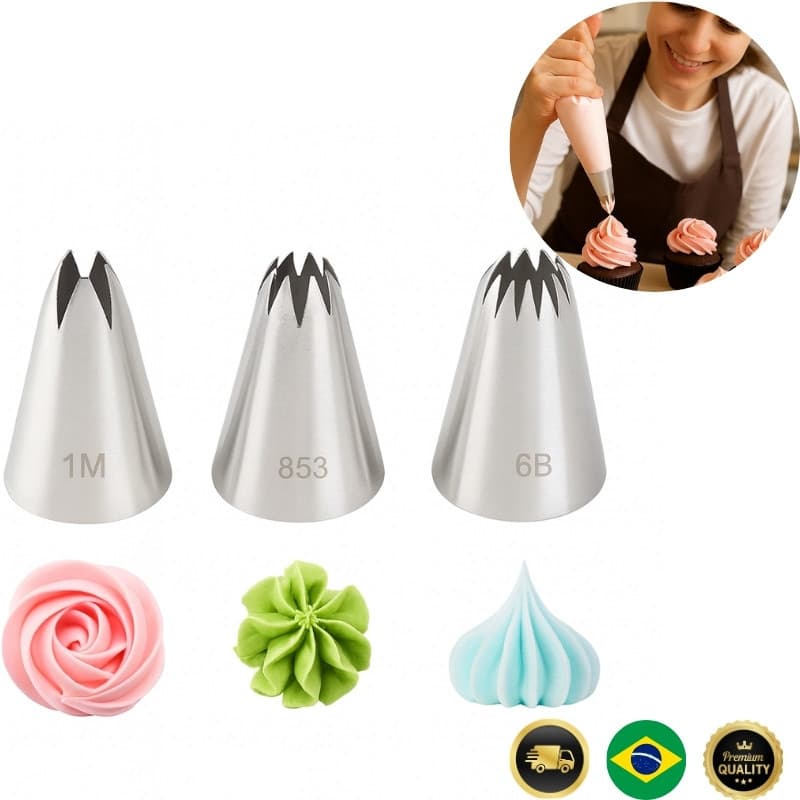 Kit 3 Bicos de Confeitar Profissionais Inox – Modelos 853, 6B e 1M | Decoração de Bolos, Cupcakes e Doces