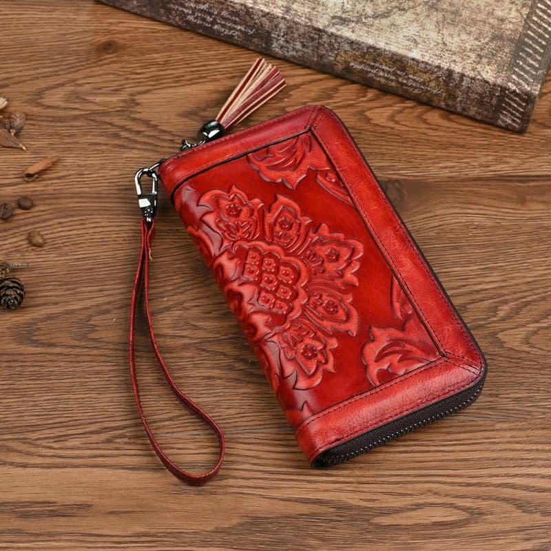 Nova primeira camada de couro moeda bolsa flor couro escultura carteira longa Retro embreagem moda zíper saco do telefon