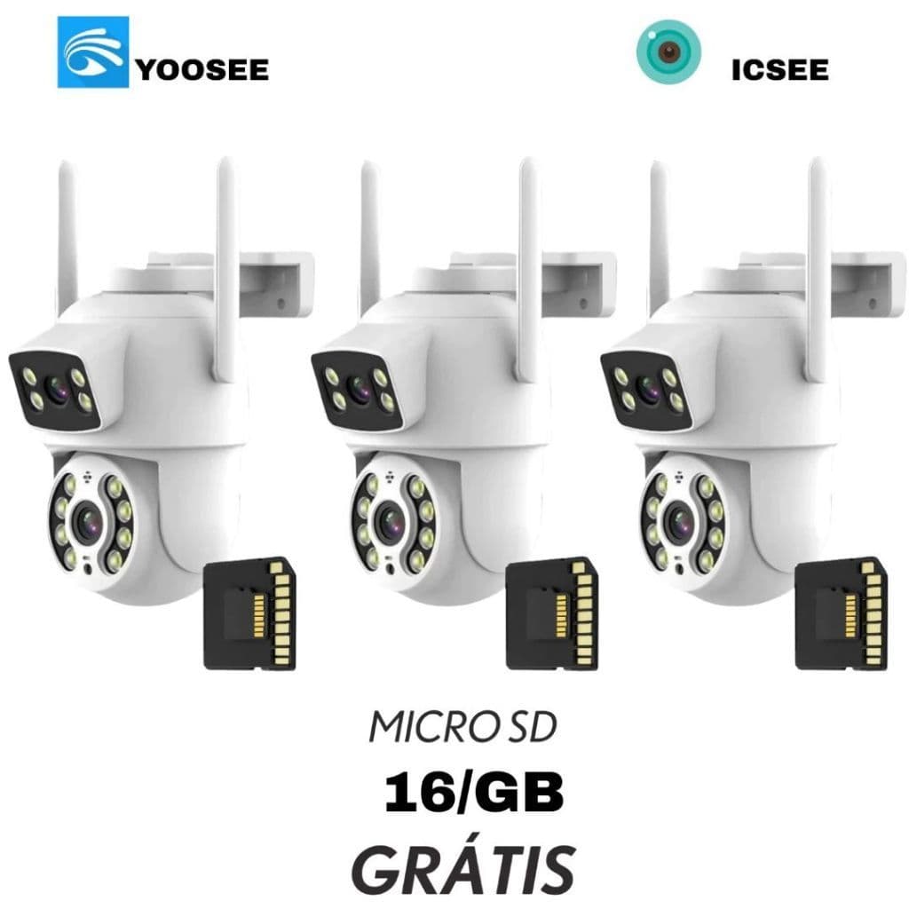 KIT3 Câmera De Segurança Lente Dupla IP66 Wi-Fi 360° Sensor Movimento Visão Noturna+MICROSD 16GB