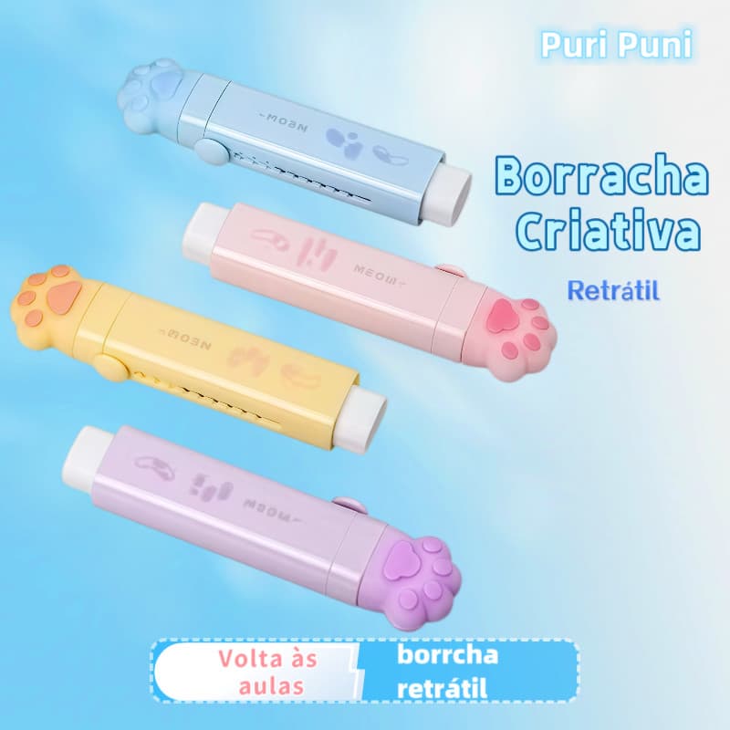 Borracha criativa retrátil formato de patinha de gato com 1capa plástico de borracha e 2 refil
