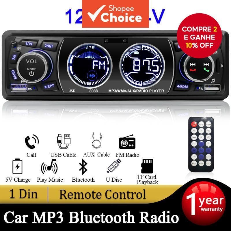  1din Rádio Automotivo Bluetooth Áudio Estéreo 12/24V MP3 Player 5V Carregamento Rádio FM/AUX/USB/Cartão TF Reprodução