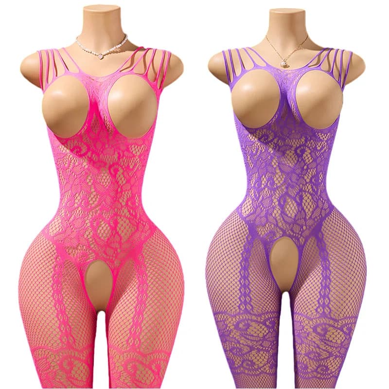 Sexo Negrito Terno Feminino Novo Roxo Crotchless Lingerie Erótica Sutiã Aberto Bodysuit Rave Trajes Sexy Fishnet Meias D
