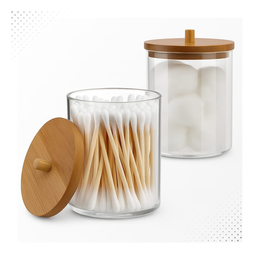Kit 2 Porta Cotonete Algodão Acrílico Tampa Bambu Multiuso Mariazinha Transparente Redondo