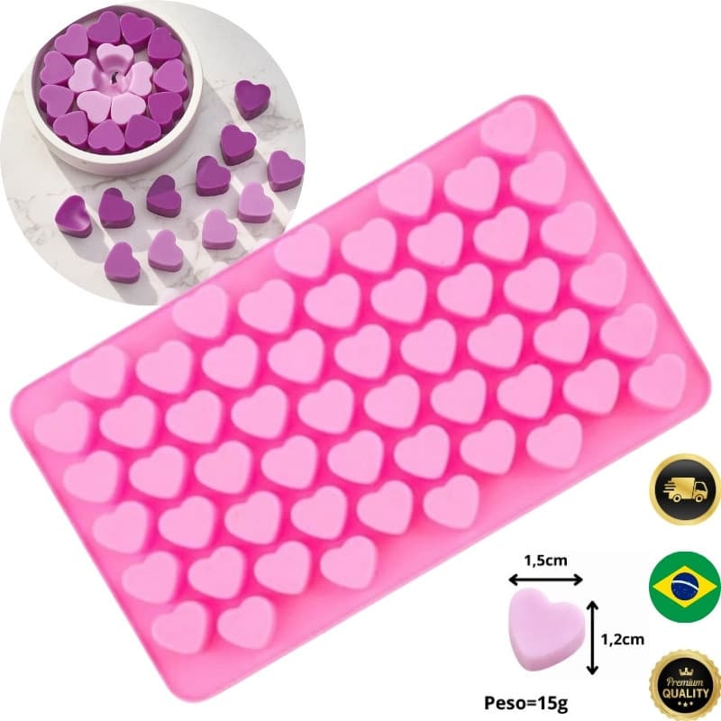 Molde de Silicone Coração 55 Cavidades para Doces, Chocolate, Gelo, Vela e Bala Gummy