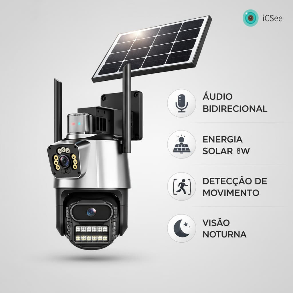 Câmera 4G Solar WiFi Segurança Externa com Sirene Alarme 24h Monitoramento