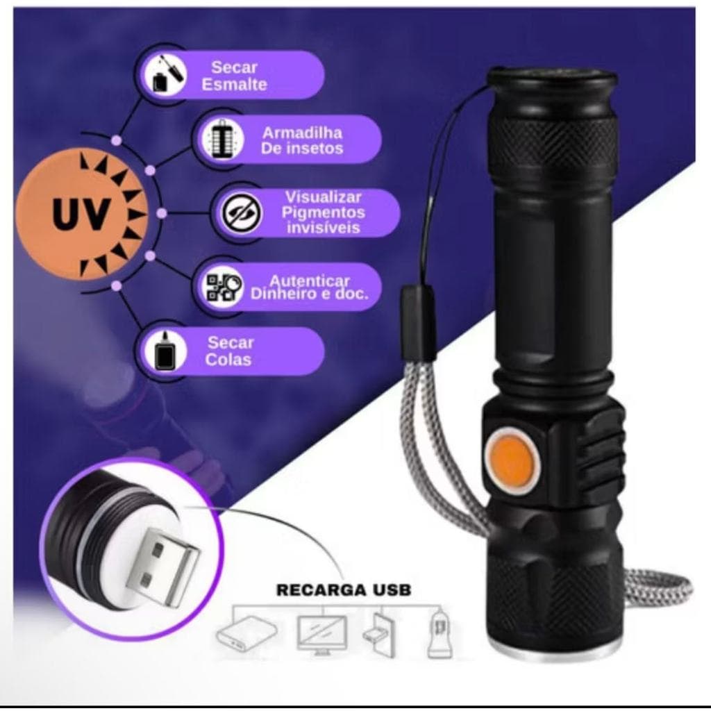 Lanterna LED Potente Luz Ultravioleta UV T6