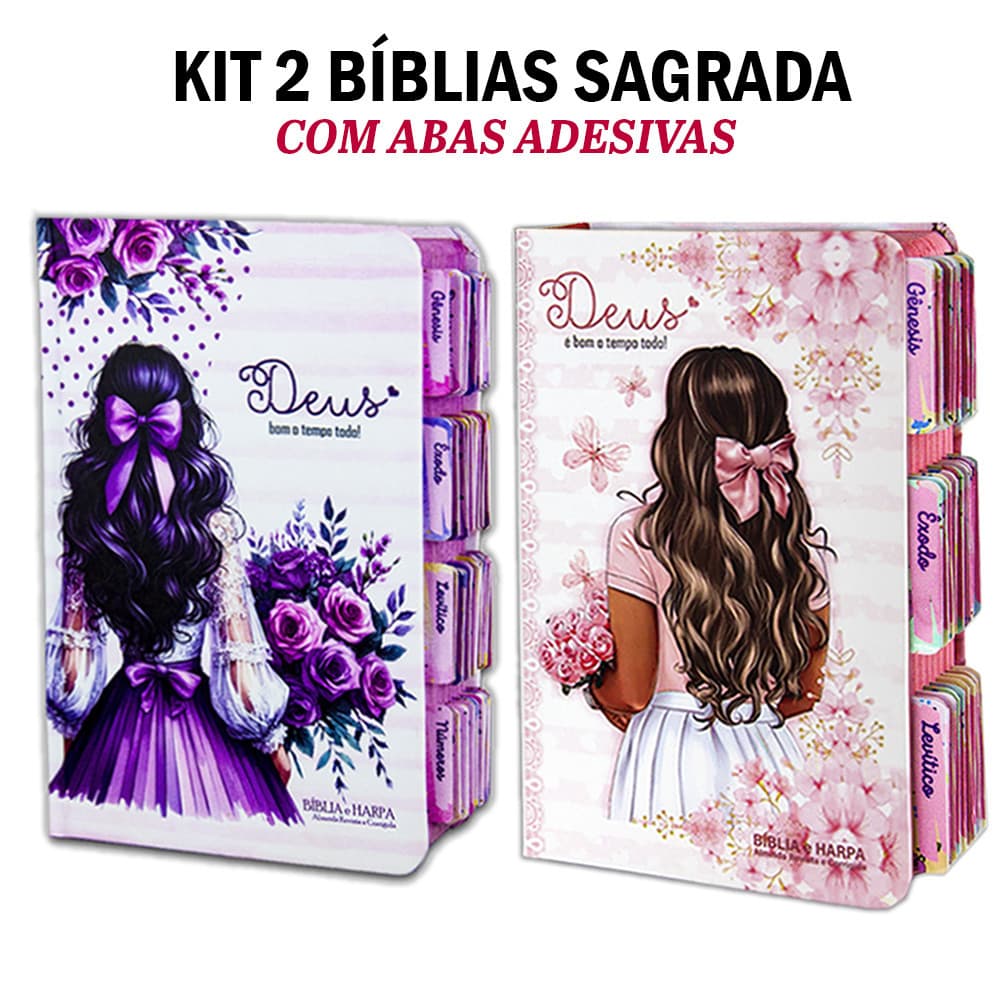 Kit 2 Bíblias Letra Grande | Ed. Promessas - ARC - índice com Abas Adesivas - Harpas - Aquarela e Lilás