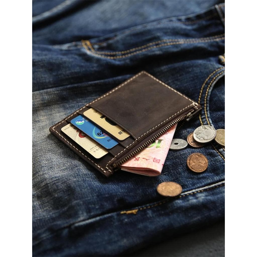Crazy Horse Primeira Camada de Couro Masculino Mini Bolsa de Moedas Ultra-Fino Couro Genuíno Zíper Bolsa de Moedas Curta