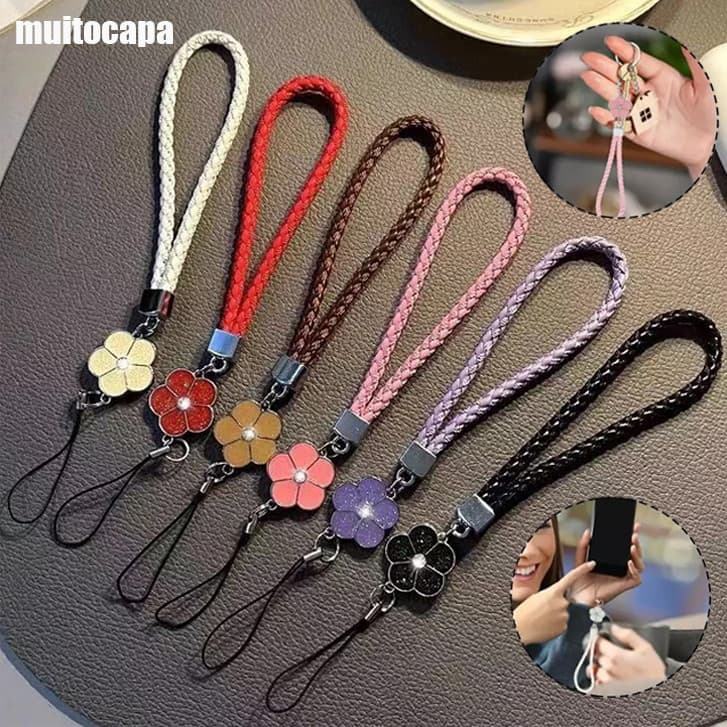 Flores Da Moda Coloridas Correias Para Telefones Celulares Capinha Lanyard Weave Leather Stretch Wrist-rope Cordão GS005