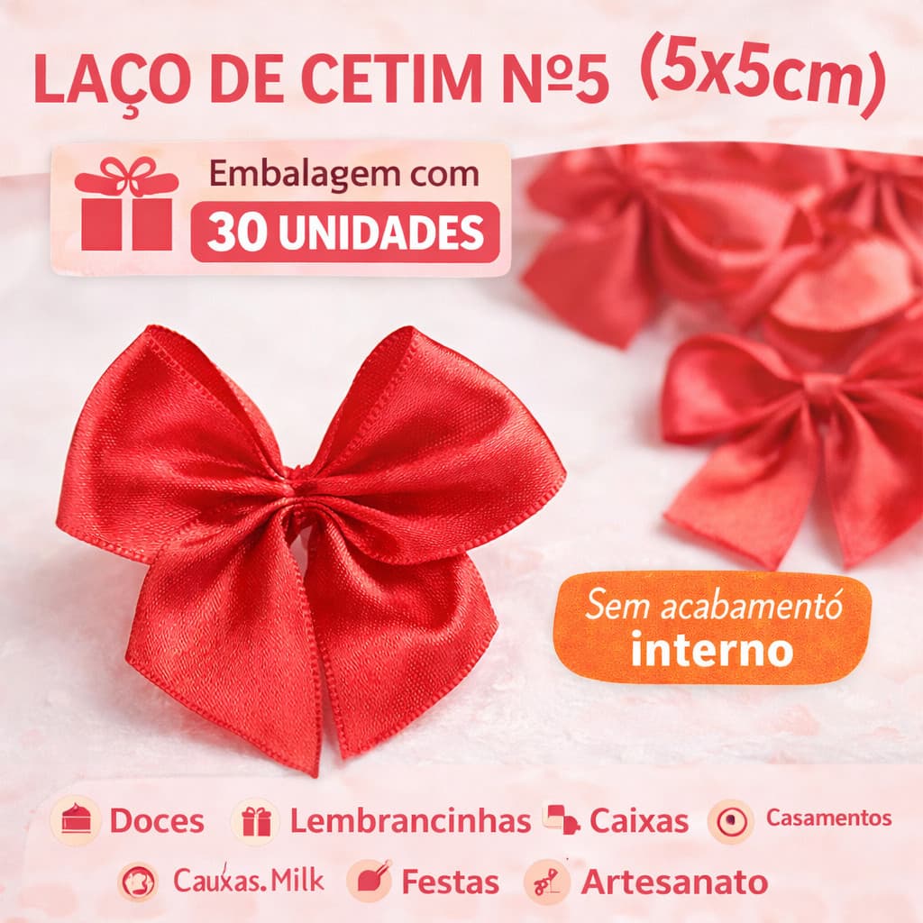 Laço de Cetim Nº 5 (5x5cm) c/ 30 unid – Para Doces, Caixas, Lembrancinhas, Festas e Artesanato