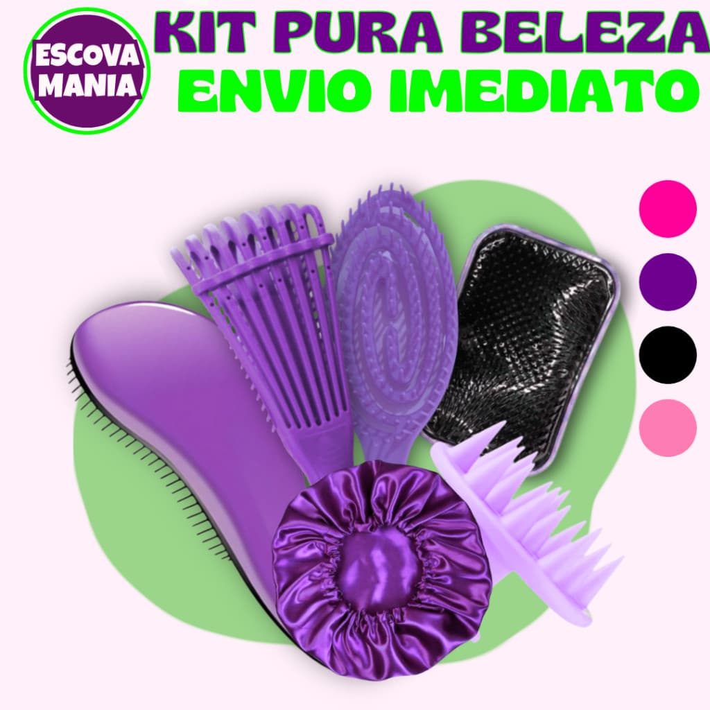 Kit Pura Beleza_ 6 ÍTENS - Escova Magica + Escova Aspiral + Escova Polvo + Escova Raquete + Touca De Cetim  Massageadora