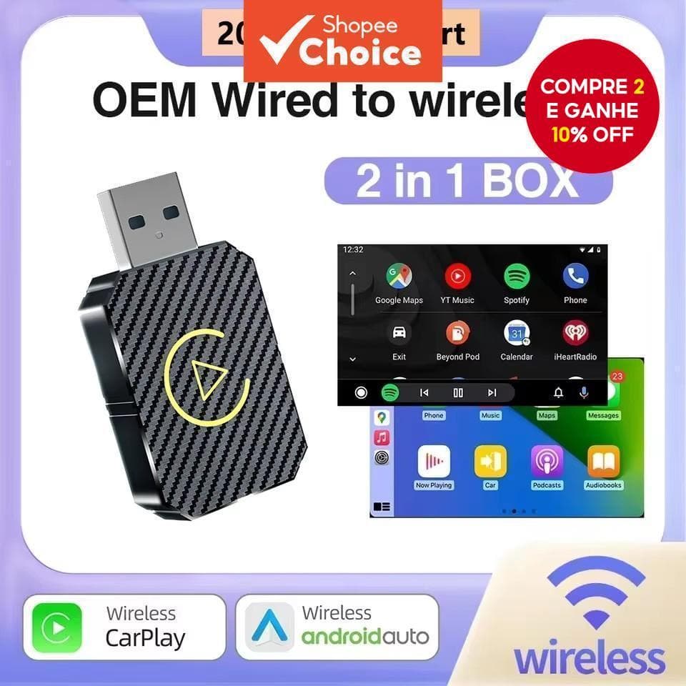 Adaptador CarPlay Sem Fio 2 Em 1 E Android Auto-Receptor Plug & Play USB Inteligente Para Apple iOS