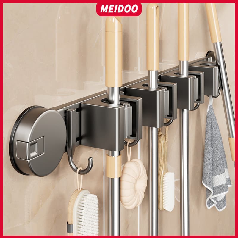 MEIDOO Suporte para vassoura, suporte antiderrapante para esfregão com ganchos ，Instalação sem furos