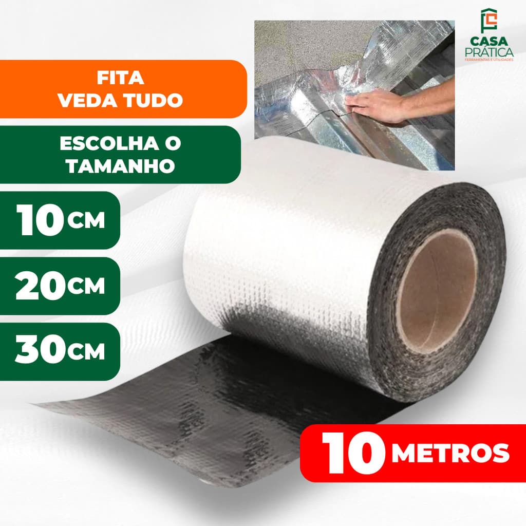 Fita Manta Asfaltica Adesiva 10 Metros Aluminio Veda Tudo Telhado Calha Rufo Laje Anti Goteira Rolo Fechado