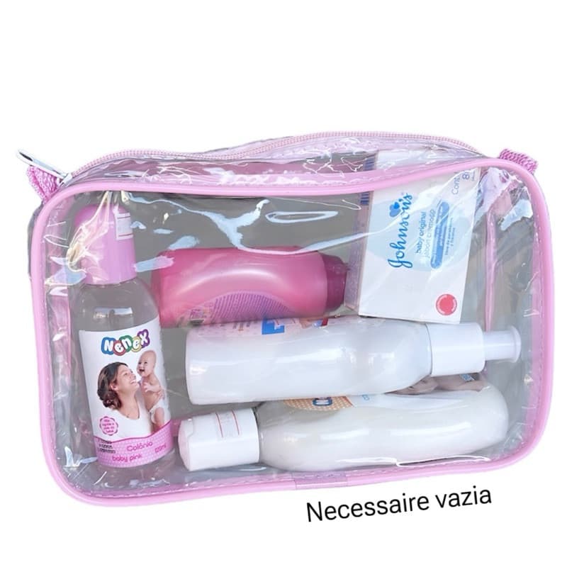 NECESSAIRE 23X15 TRANSPARENTE E ROSA MATERNIDADE HIGIENE PESSOAL BOLSA BEBÊ MAMÃE ORGANIZE BOLSINHA DIA ADIA FRALDA LENÇ
