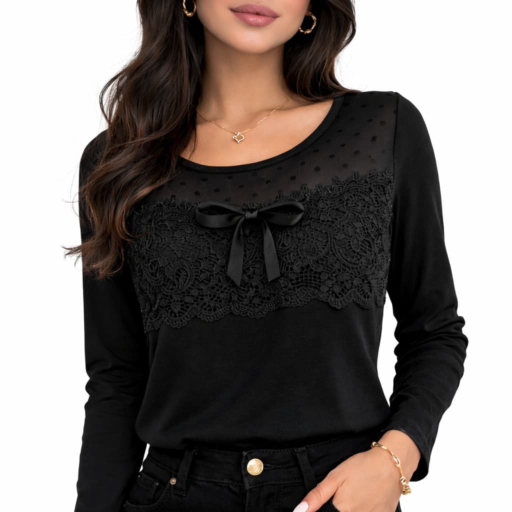 Blusa Manga Longa Blusinha Amarração Frontal Renda Delicada WY8712