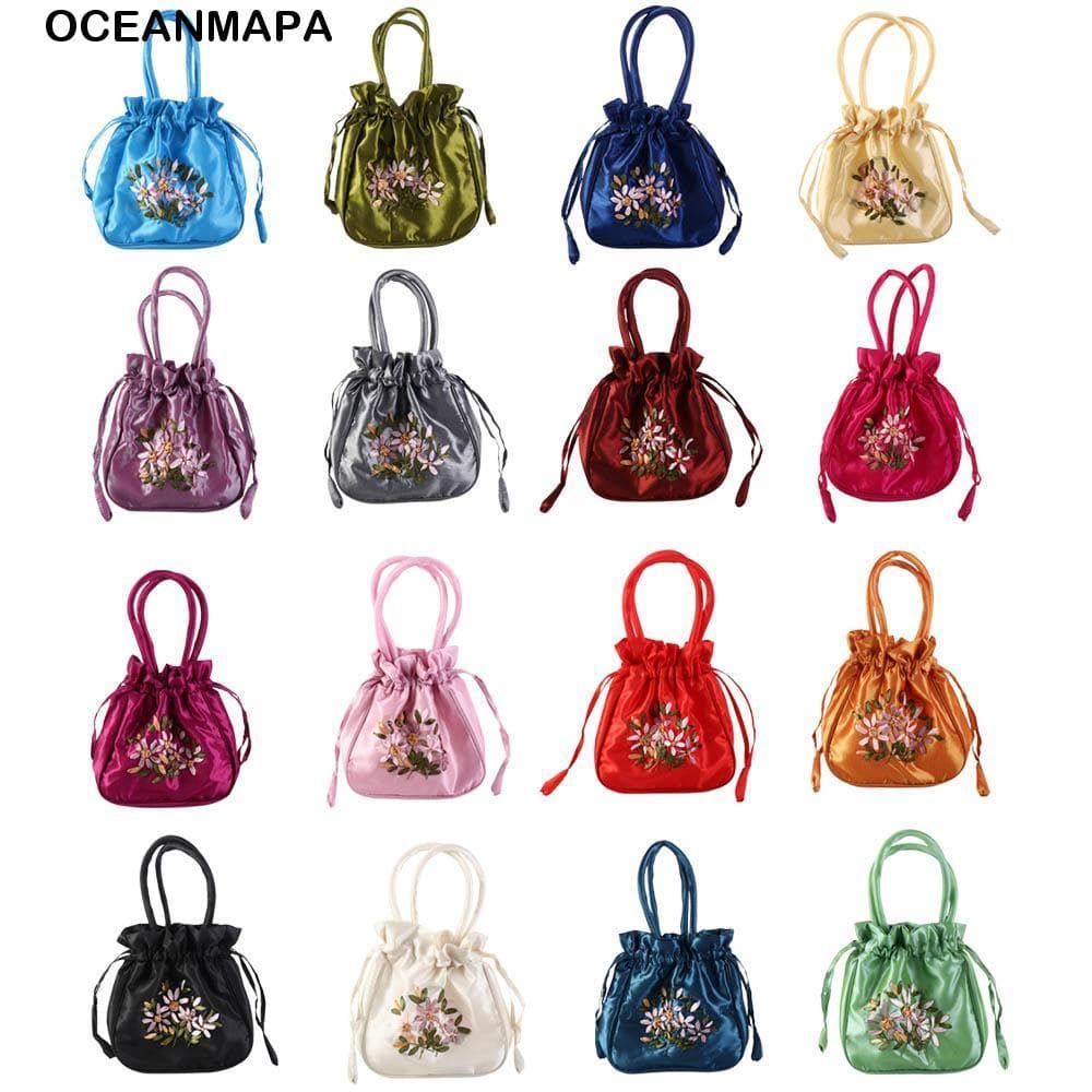 Bolsa De Flores Bordadas OCEANMAPA , Mamãe Folha Hanfu Com Cordões Armazenamento Carteira Pequena
