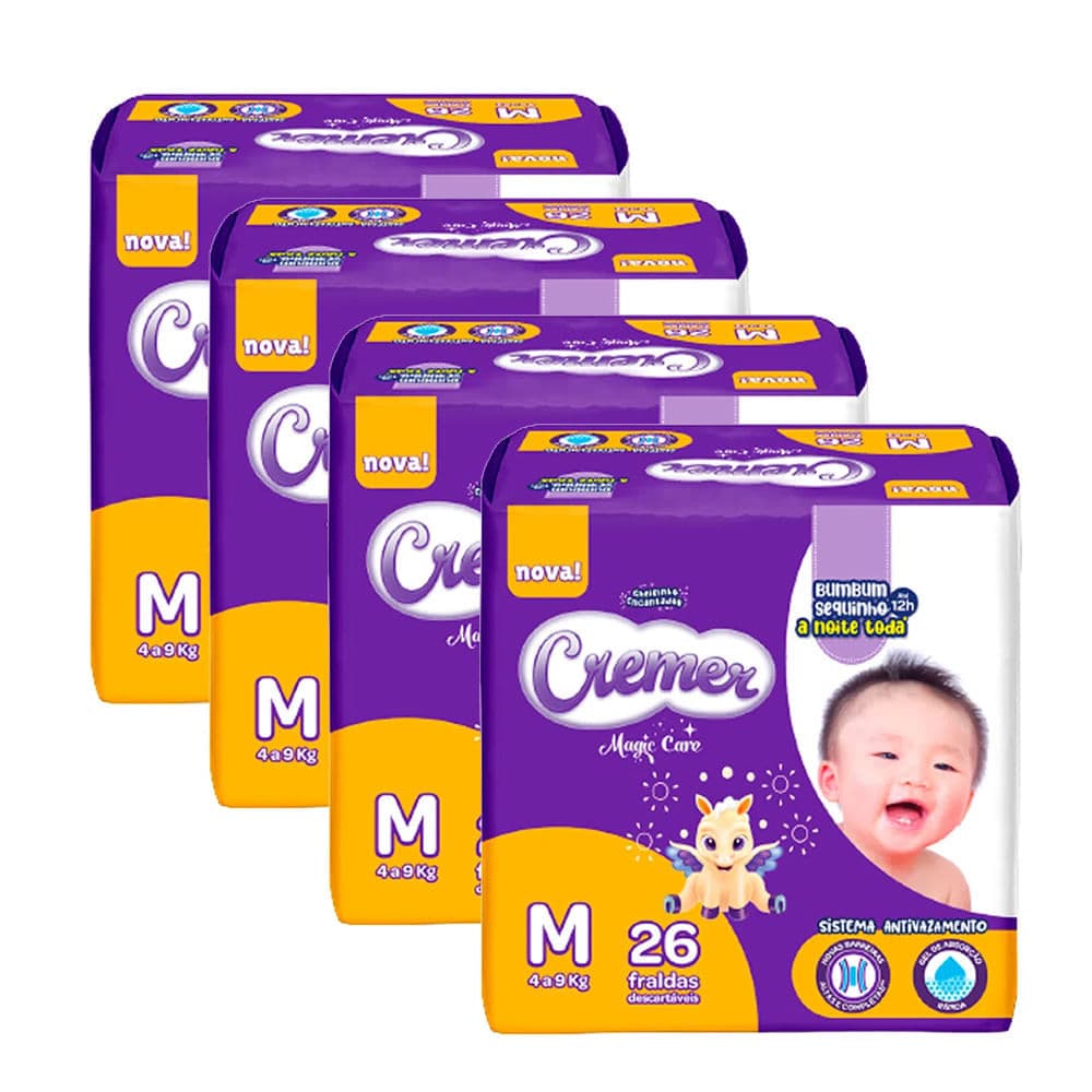 Kit 4 Fralda Cremer Magic Care Tamanho M Pacote Jumbo 26 Unidades Descartáveis